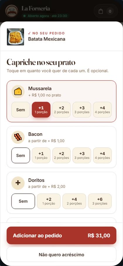 Escolha de adicionais no cardápio