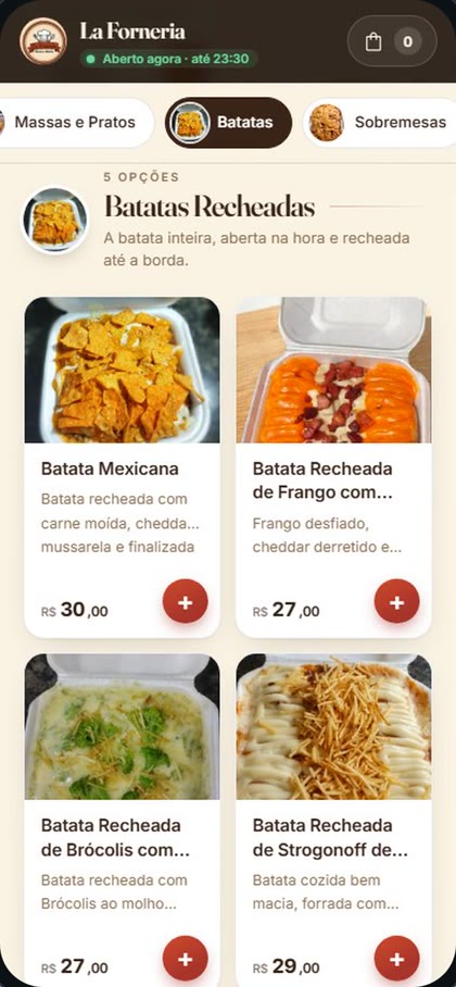 Cardápio da La Forneria no celular